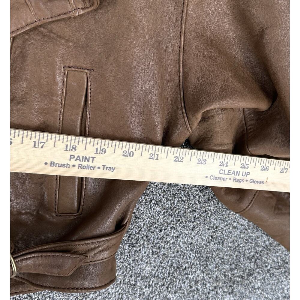 Womens Brown Soft Leather Cropped Biker Bomber Jacket Sz L Mexico Lapel Buckles - Picture 3 of 6
